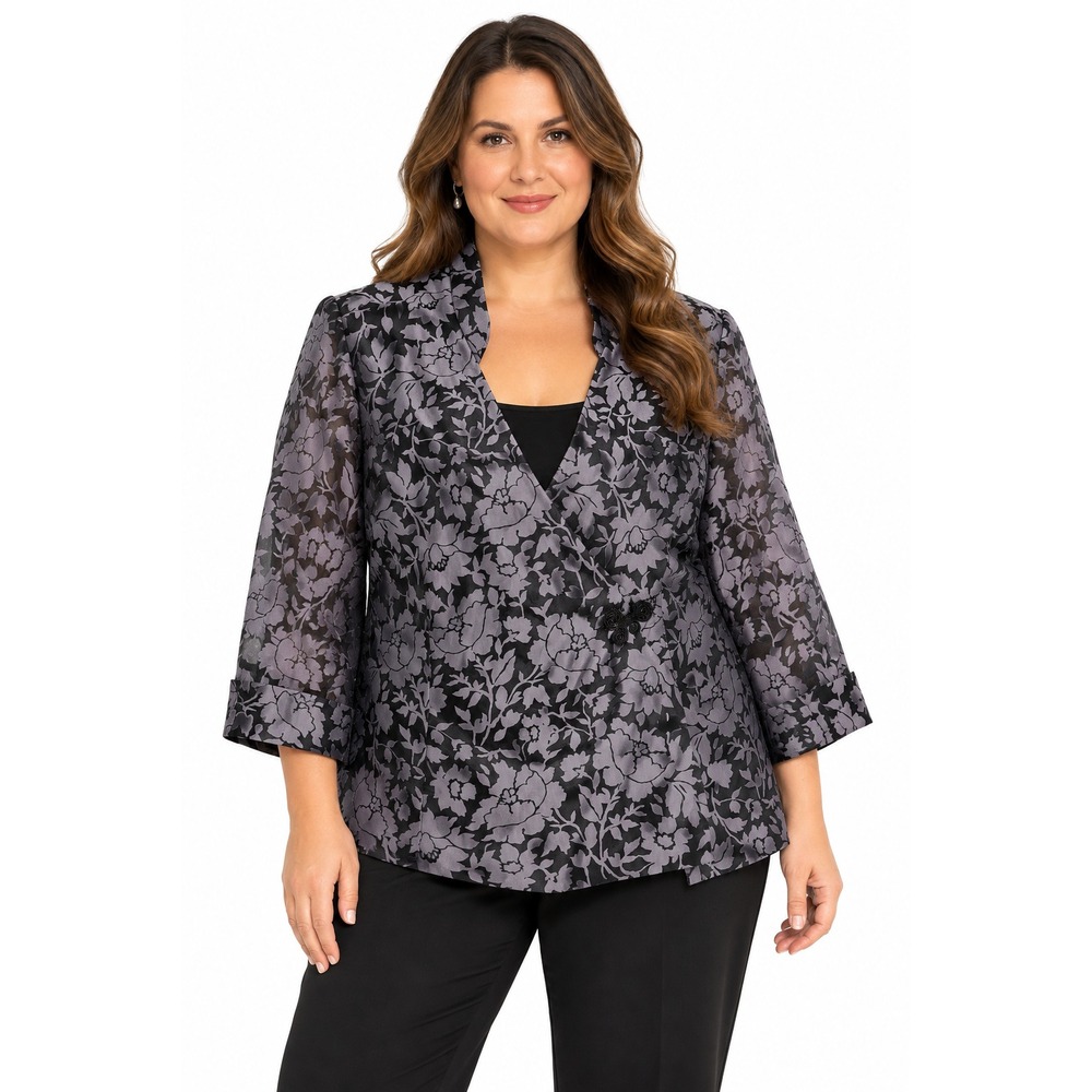 Alex Evenings 2X Black Gray Purple Floral Jacquard Sheer Sleeve Evening Jacket